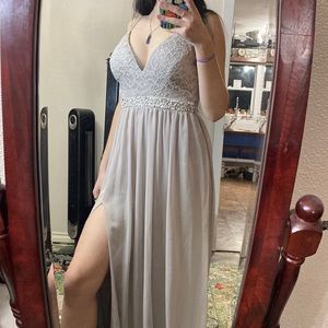 Dusty grey low cut prom dress with leg slit